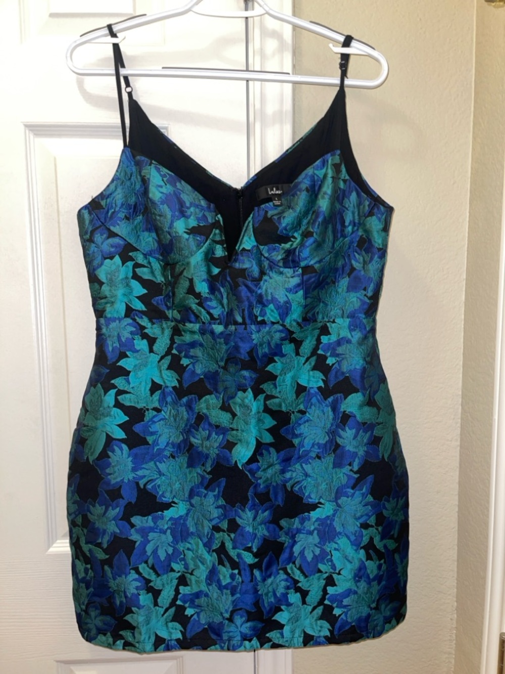 Lulu’s - Large, LIKE NEW Sleeveless Floral Jacquard Mini Dress in Teal & Navy - Picture 4 of 5